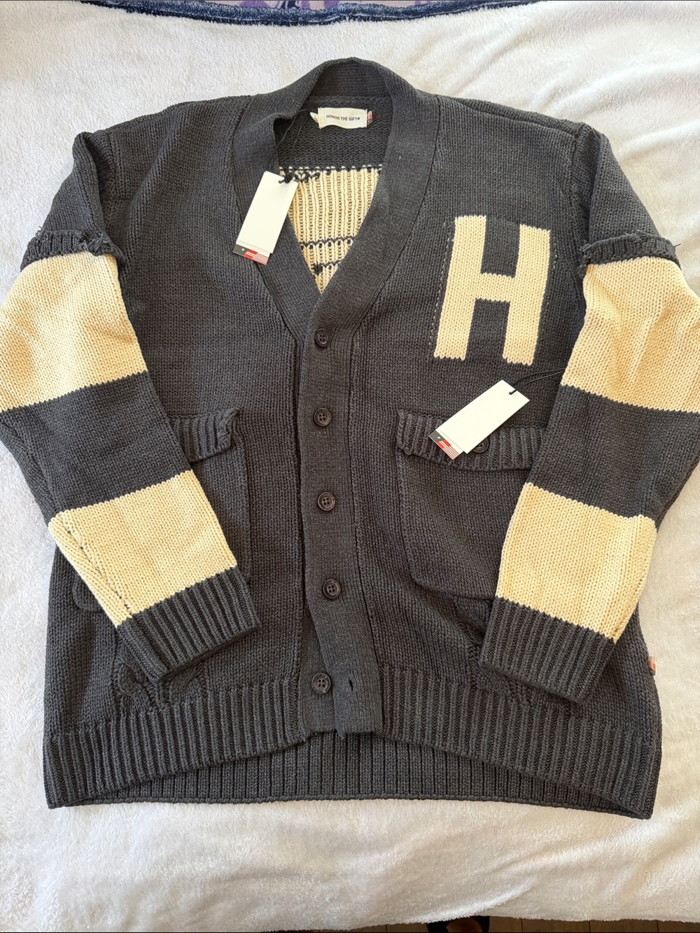 Men's Charcoal Cardigan with Cream Contrast 'H'